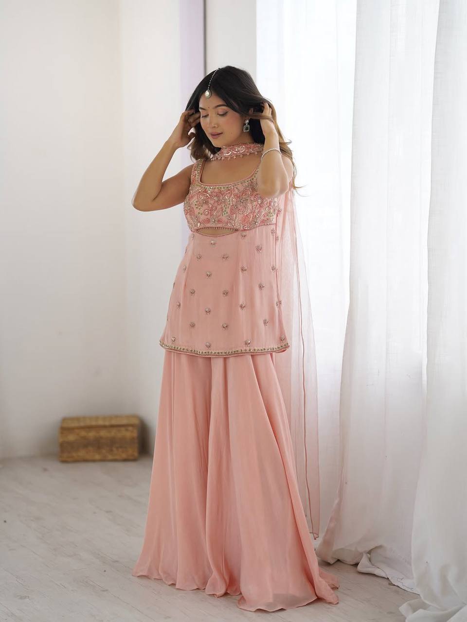 Trendy Wedding Wear Indo Western Peach Color Sequence Embroidered Outfit With Dupatta