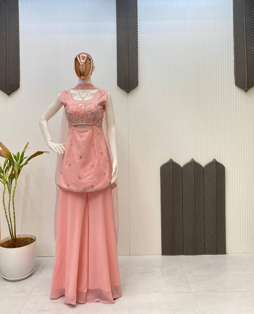 Trendy Wedding Wear Indo Western Peach Color Sequence Embroidered Outfit With Dupatta