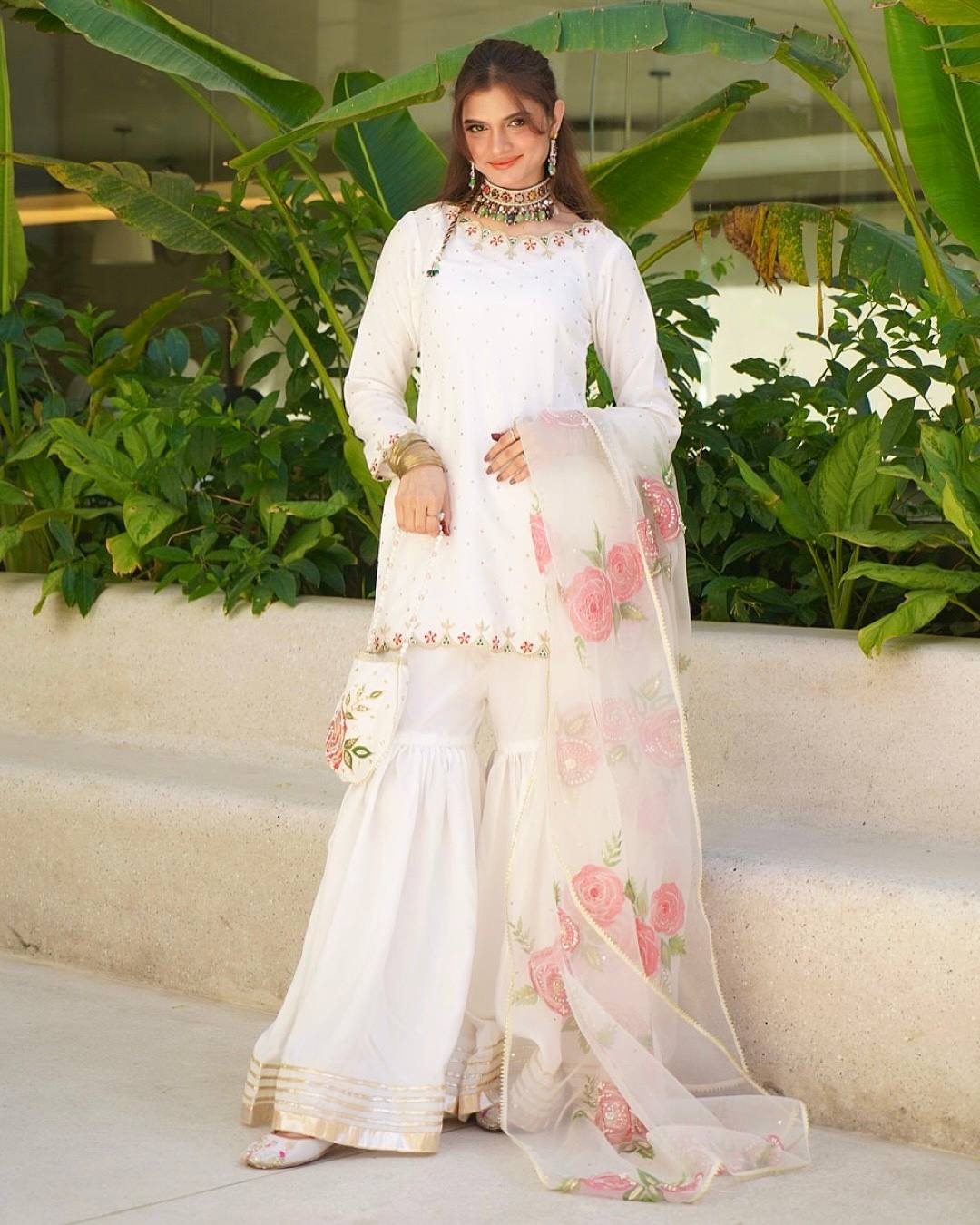 Beautiful White Color Premium Pure Natural Crepe With Embroidery And Sequin Work Sharara Suit