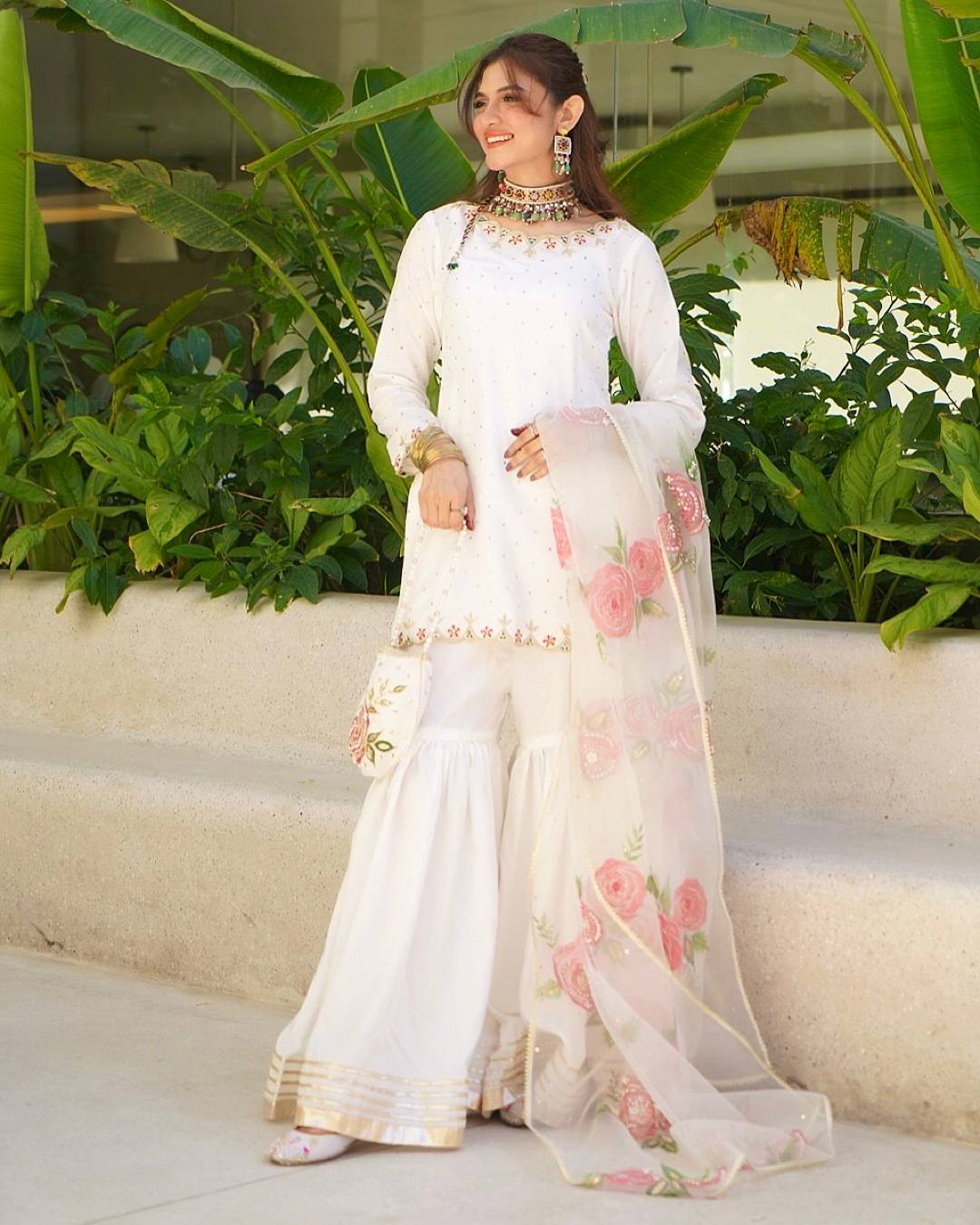 Beautiful White Color Premium Pure Natural Crepe With Embroidery And Sequin Work Sharara Suit