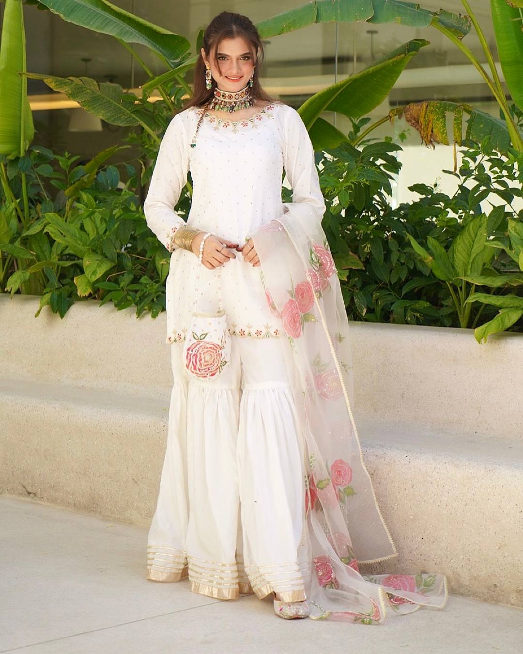 Beautiful White Color Premium Pure Natural Crepe With Embroidery And Sequin Work Sharara Suit