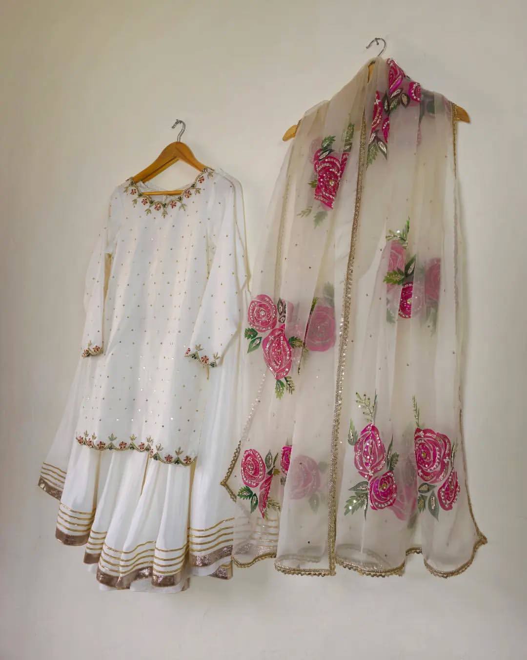 Beautiful White Color Premium Pure Natural Crepe With Embroidery And Sequin Work Sharara Suit