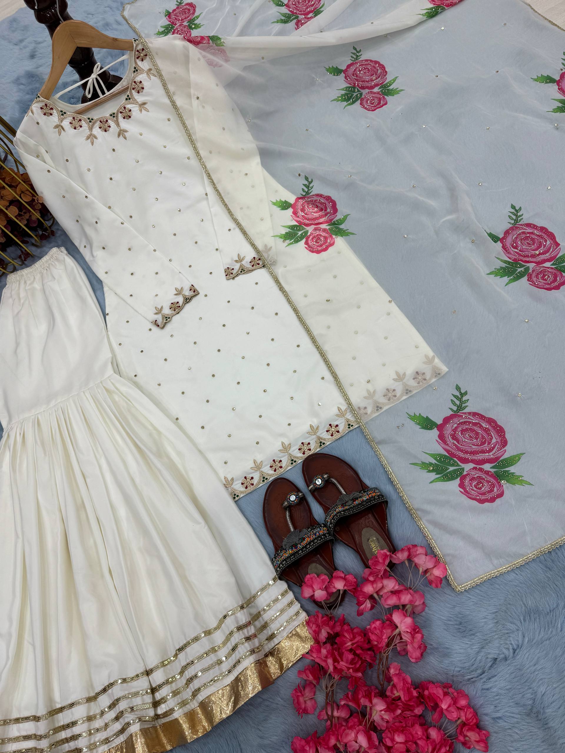 Beautiful White Color Premium Pure Natural Crepe With Embroidery And Sequin Work Sharara Suit