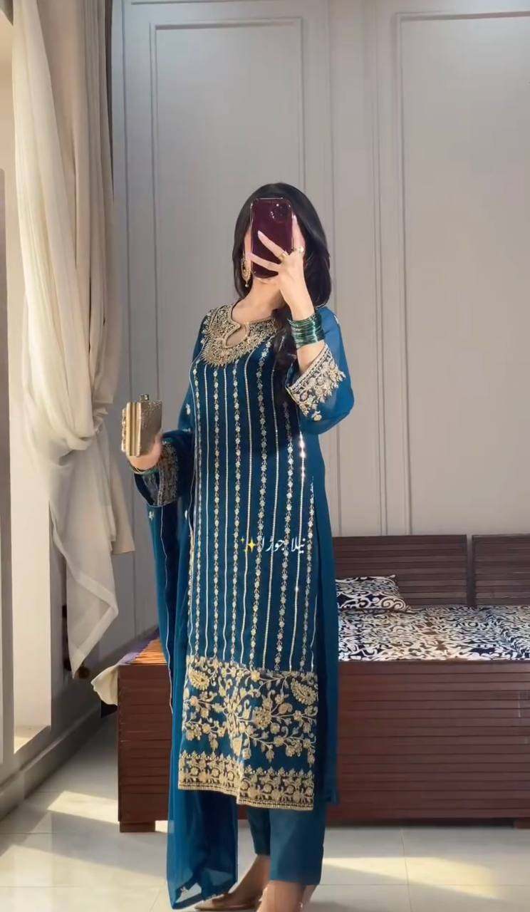 Party Wear Teal Blue Color Heavy Chinon Silk With Embroidery Sequence Work Salwar Suit