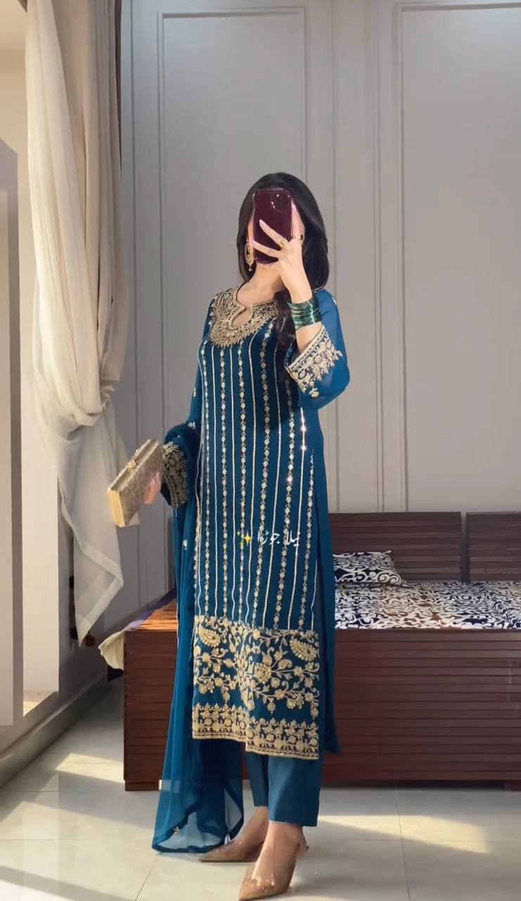 Party Wear Teal Blue Color Heavy Chinon Silk With Embroidery Sequence Work Salwar Suit