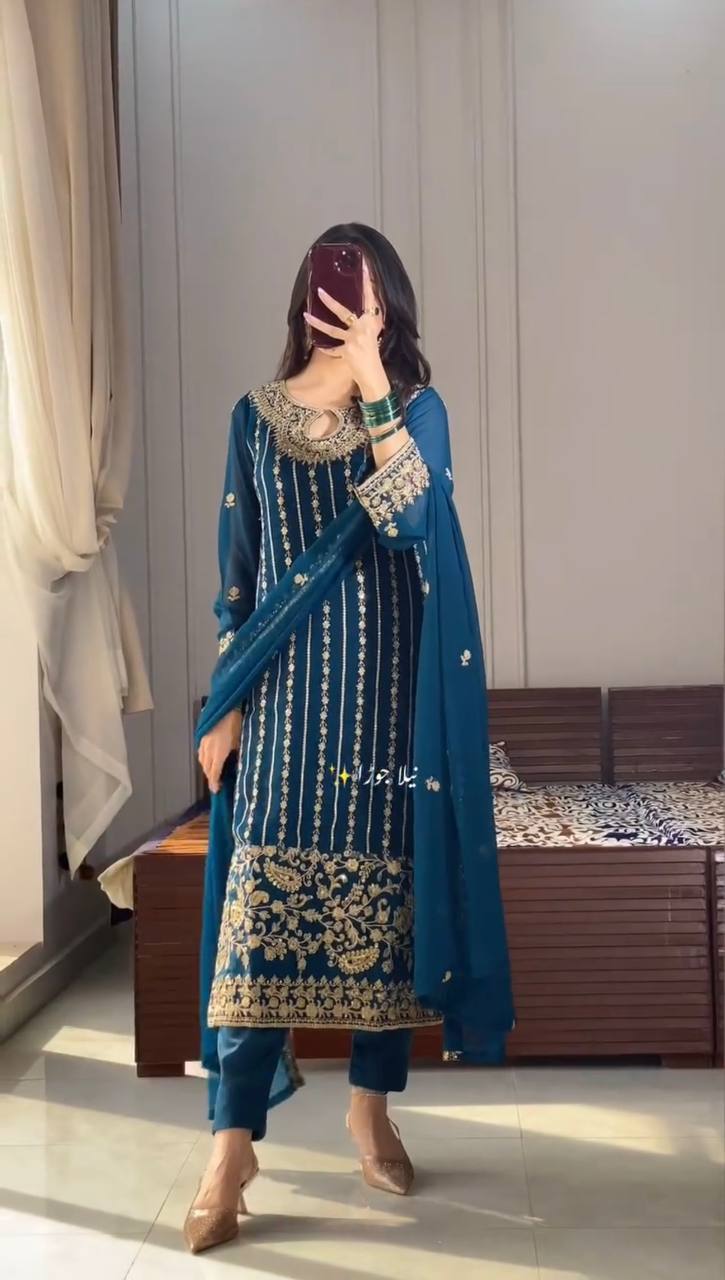 Party Wear Teal Blue Color Heavy Chinon Silk With Embroidery Sequence Work Salwar Suit