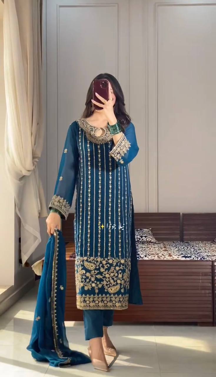 Party Wear Teal Blue Color Heavy Chinon Silk With Embroidery Sequence Work Salwar Suit
