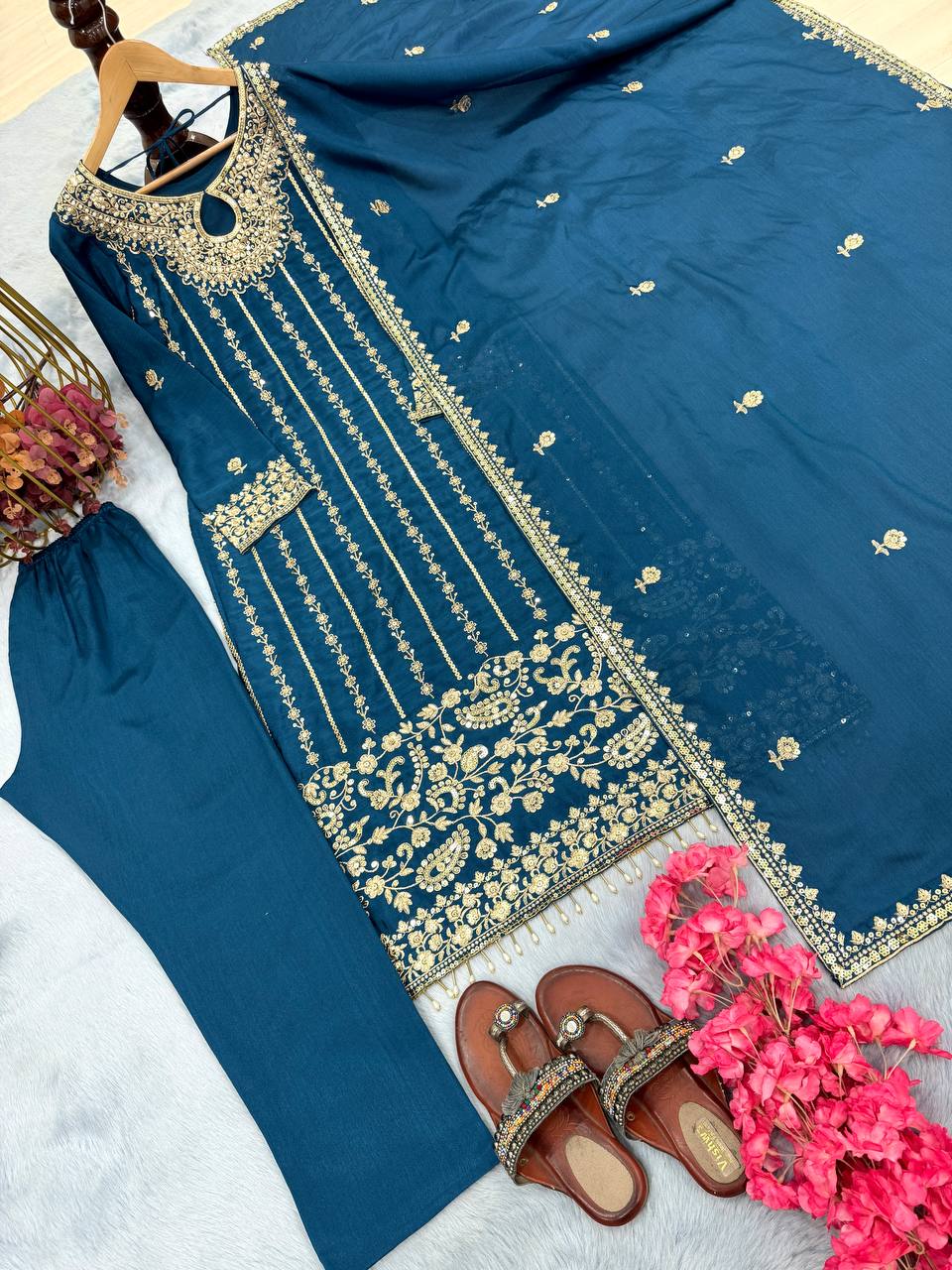 Party Wear Teal Blue Color Heavy Chinon Silk With Embroidery Sequence Work Salwar Suit