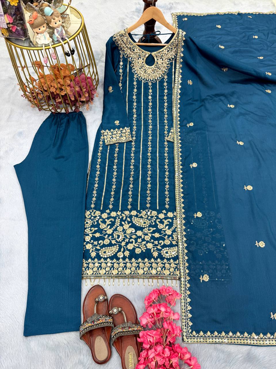 Party Wear Teal Blue Color Heavy Chinon Silk With Embroidery Sequence Work Salwar Suit