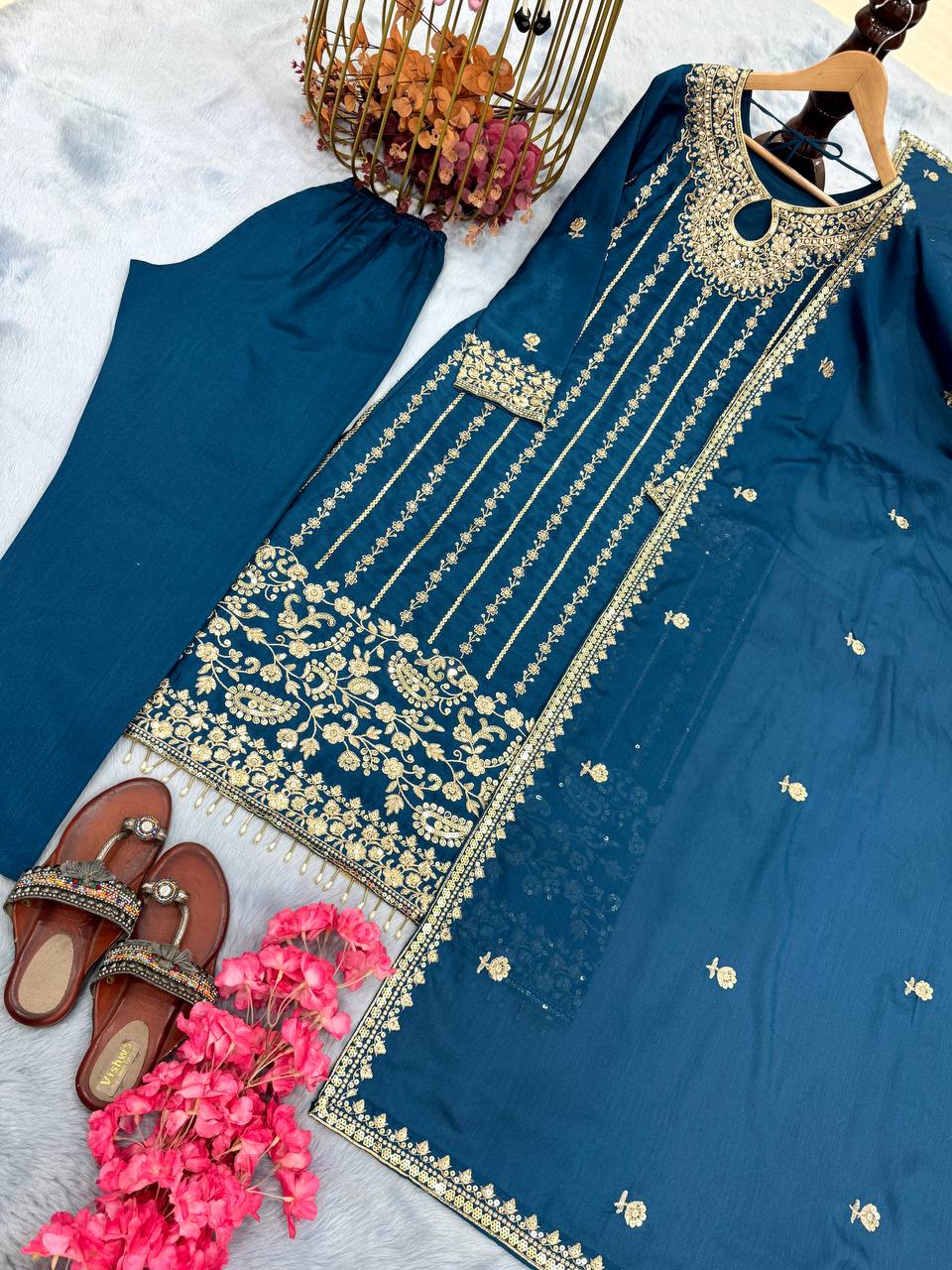 Party Wear Teal Blue Color Heavy Chinon Silk With Embroidery Sequence Work Salwar Suit
