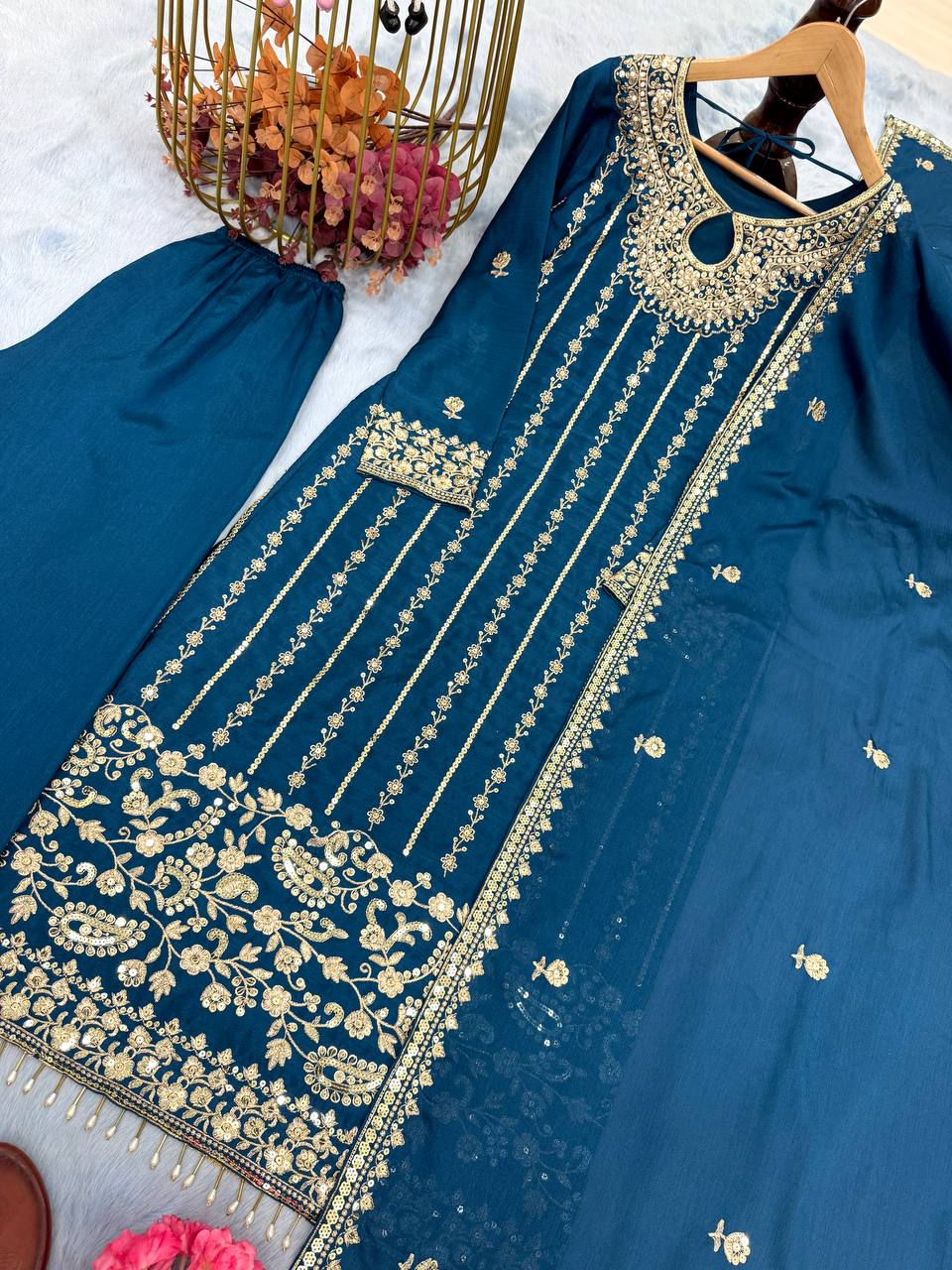 Party Wear Teal Blue Color Heavy Chinon Silk With Embroidery Sequence Work Salwar Suit