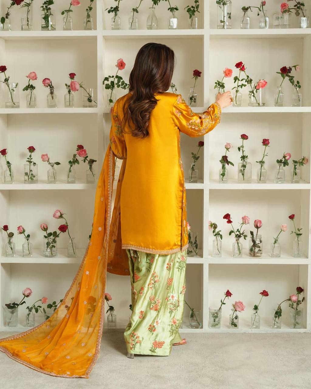 Ceremony Wear Yellow Color Natural Crepe Silk Elegant Embroidery and Sequin Work Palazzo Suit