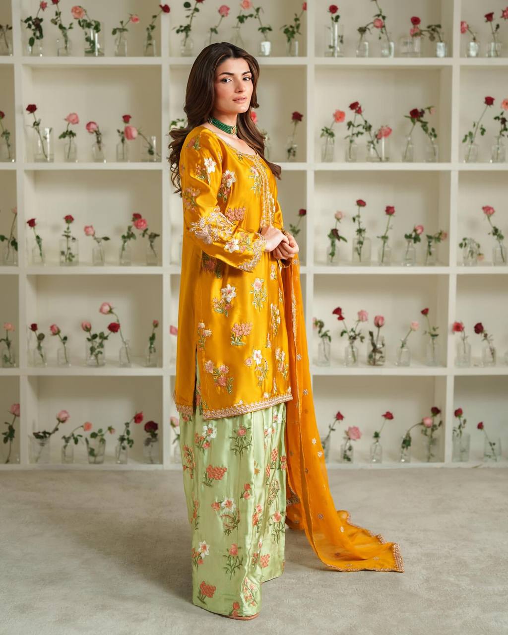 Ceremony Wear Yellow Color Natural Crepe Silk Elegant Embroidery and Sequin Work Palazzo Suit