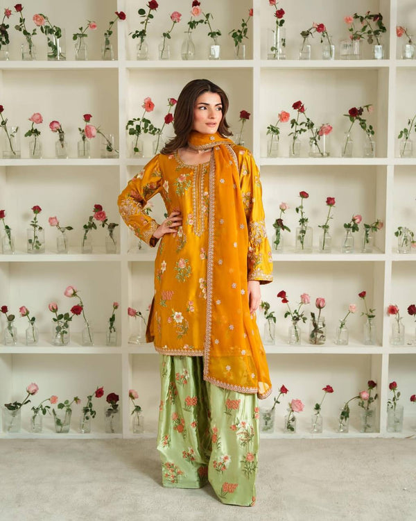 Ceremony Wear Yellow Color Natural Crepe Silk Elegant Embroidery and Sequin Work Palazzo Suit