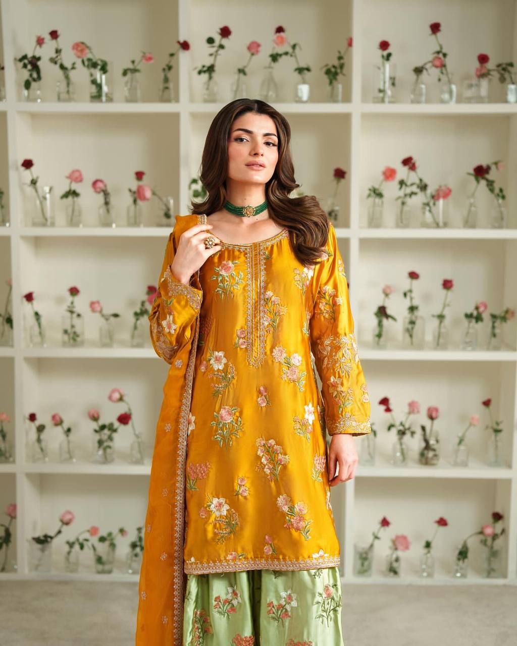 Ceremony Wear Yellow Color Natural Crepe Silk Elegant Embroidery and Sequin Work Palazzo Suit