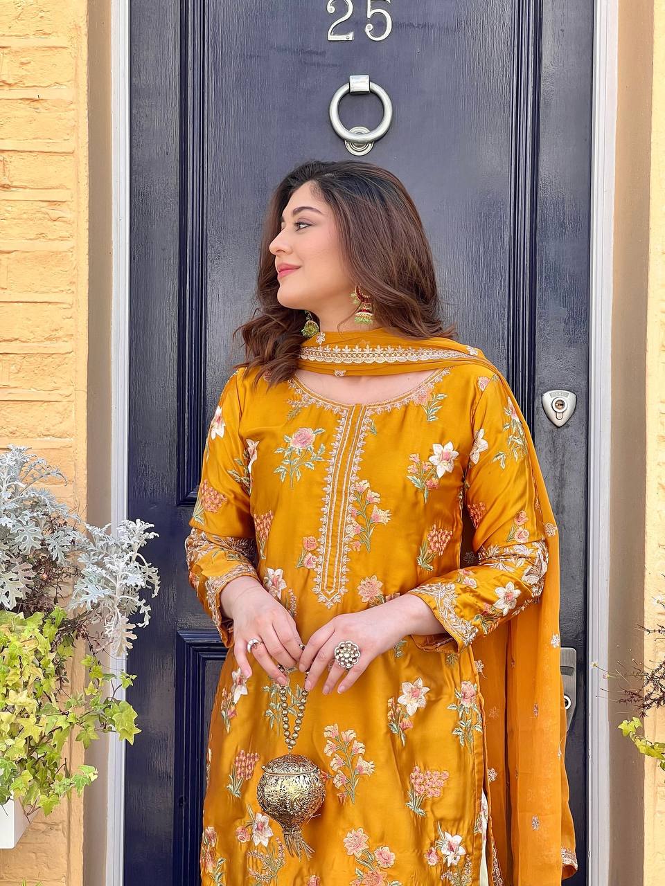 Ceremony Wear Yellow Color Natural Crepe Silk Elegant Embroidery and Sequin Work Palazzo Suit