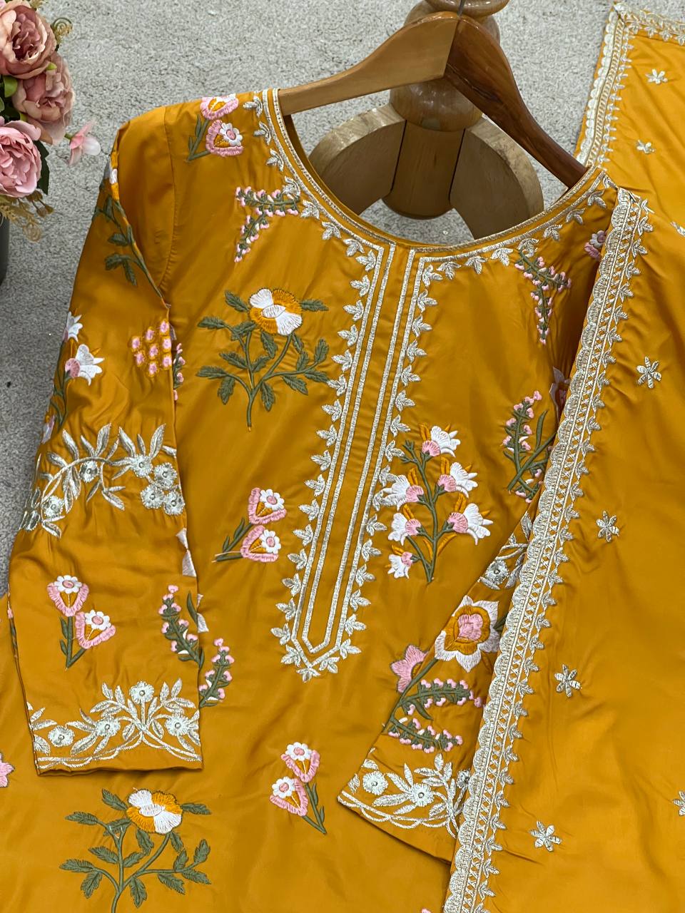 Ceremony Wear Yellow Color Natural Crepe Silk Elegant Embroidery and Sequin Work Palazzo Suit