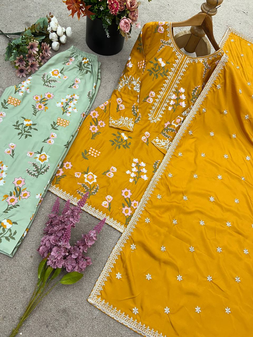 Ceremony Wear Yellow Color Natural Crepe Silk Elegant Embroidery and Sequin Work Palazzo Suit