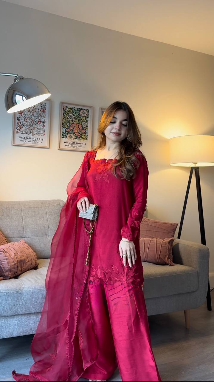Charming Pink Color Roman Thread With Sequence Work Palazzo Suit ...