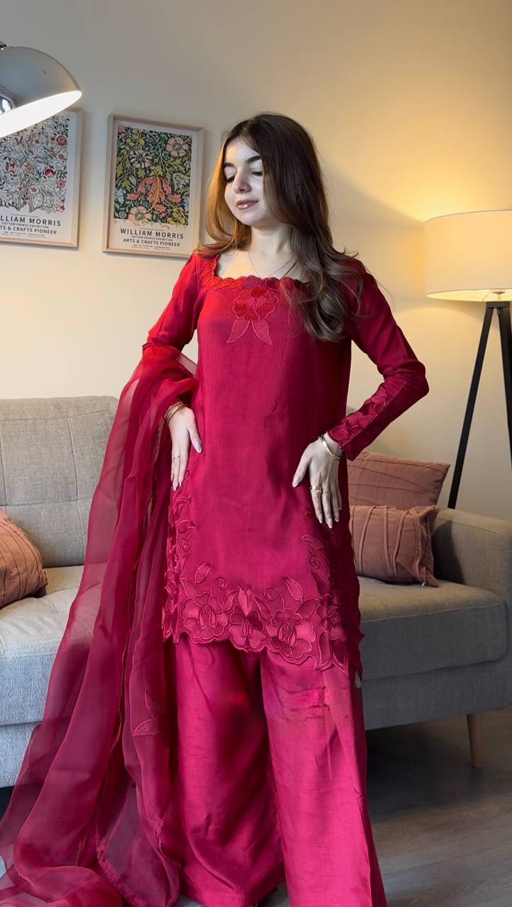 Charming Pink Color Roman Thread With Sequence Work Palazzo Suit ...