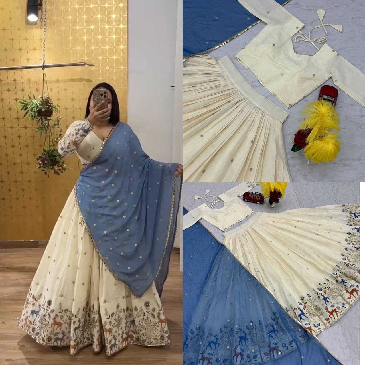 Traditional Wear White Color Pure Cotton Rich Heavy Thread Embroidery And Sequin Work Lehenga Choli