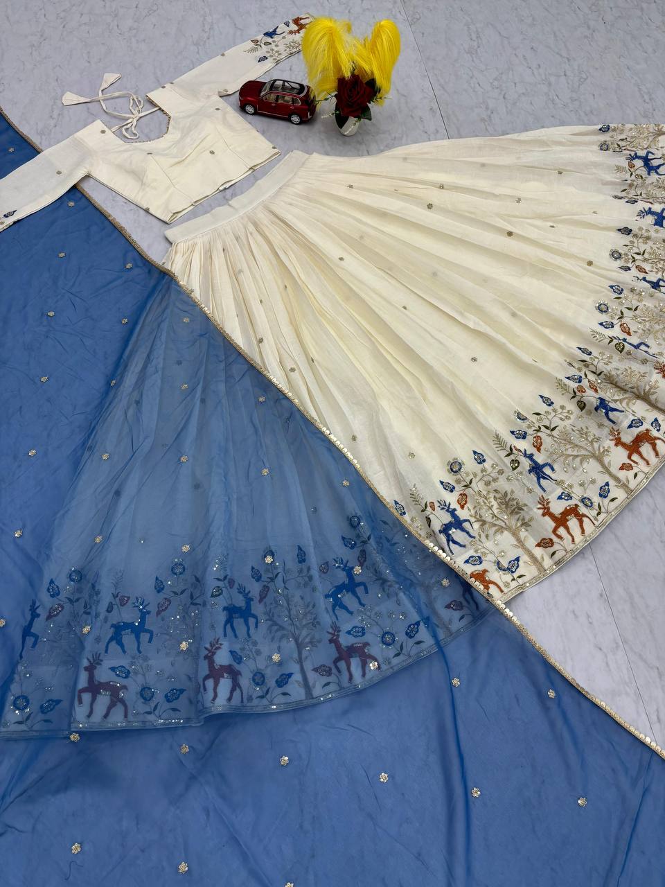 Traditional Wear White Color Pure Cotton Rich Heavy Thread Embroidery And Sequin Work Lehenga Choli