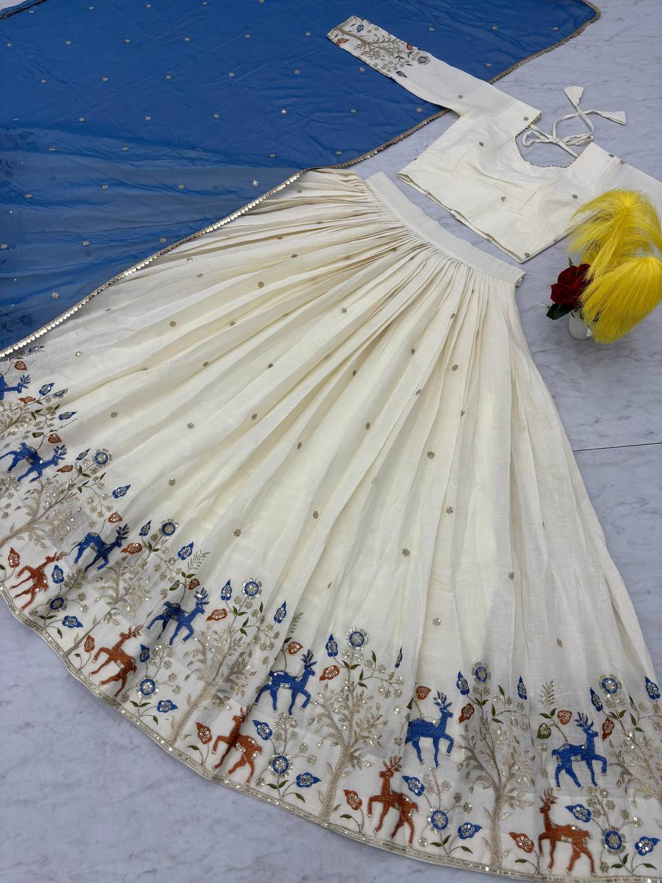 Traditional Wear White Color Pure Cotton Rich Heavy Thread Embroidery And Sequin Work Lehenga Choli