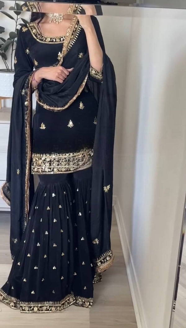 Elegant Black Color Heavy Embroidered Work Sharara Suit With Dupatta