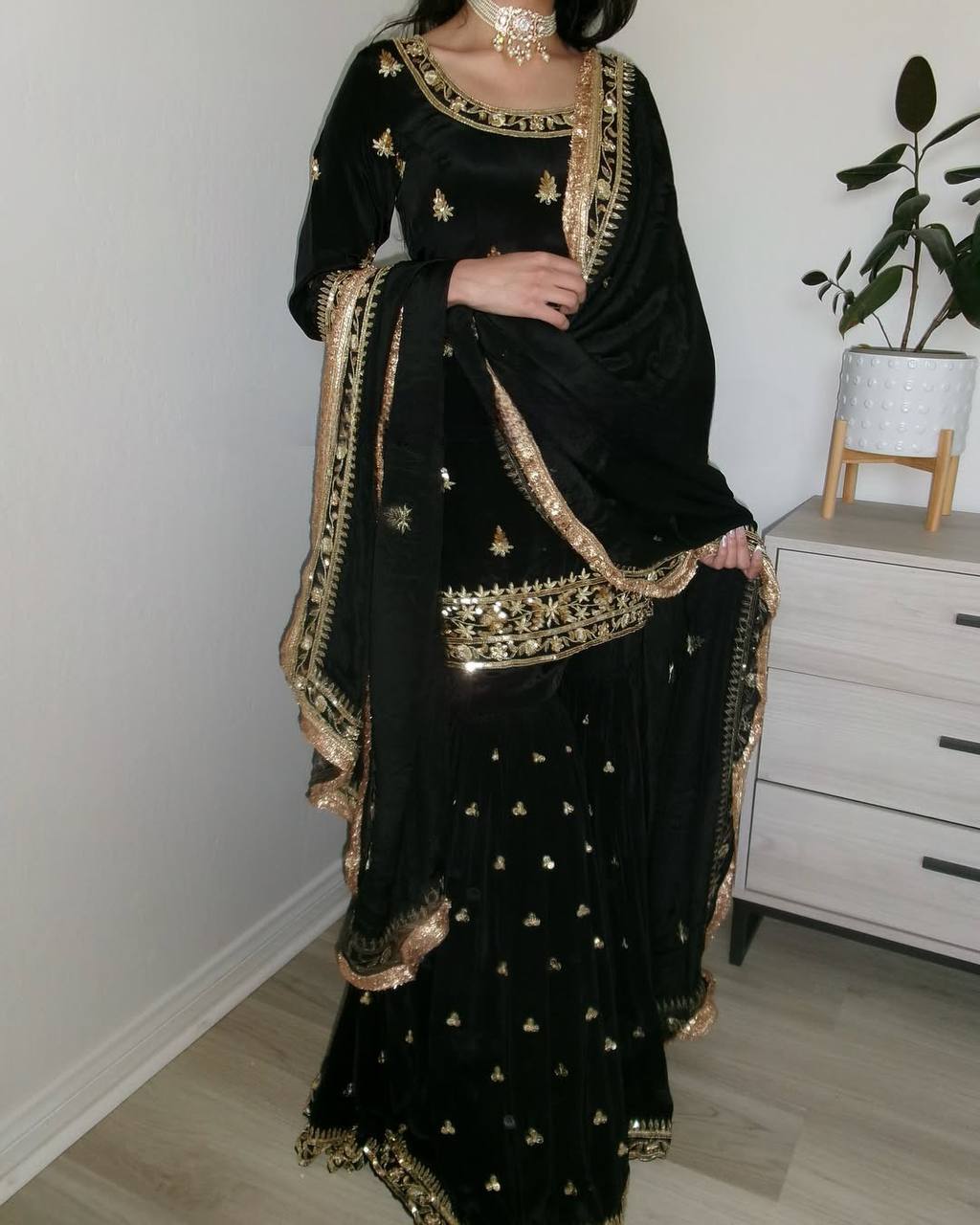 Elegant Black Color Heavy Embroidered Work Sharara Suit With Dupatta