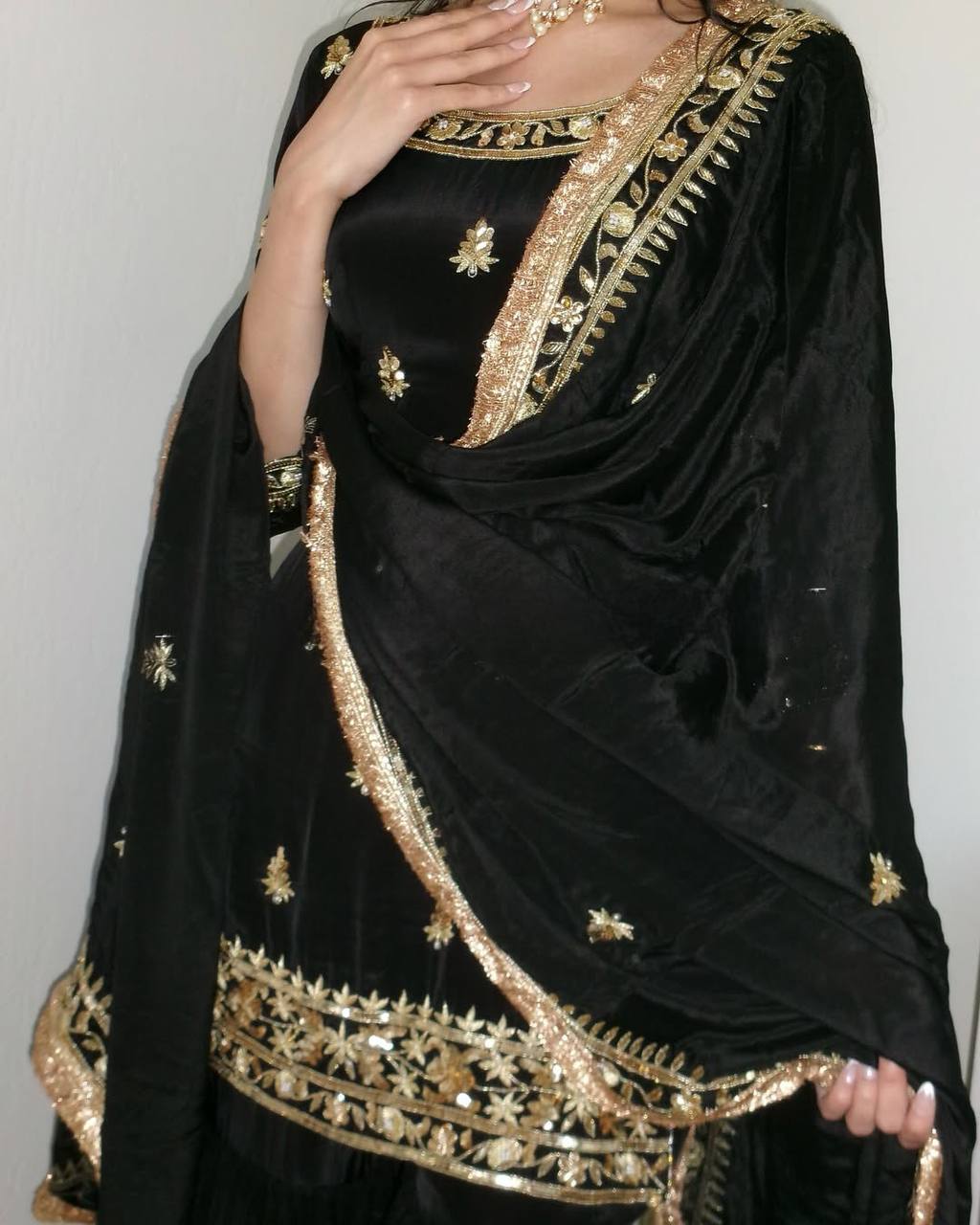 Elegant Black Color Heavy Embroidered Work Sharara Suit With Dupatta