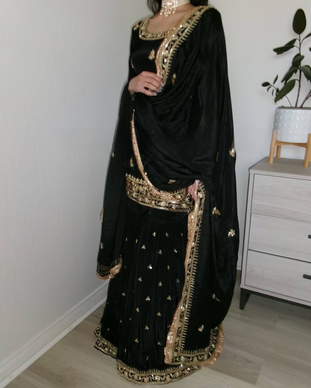 Elegant Black Color Heavy Embroidered Work Sharara Suit With Dupatta
