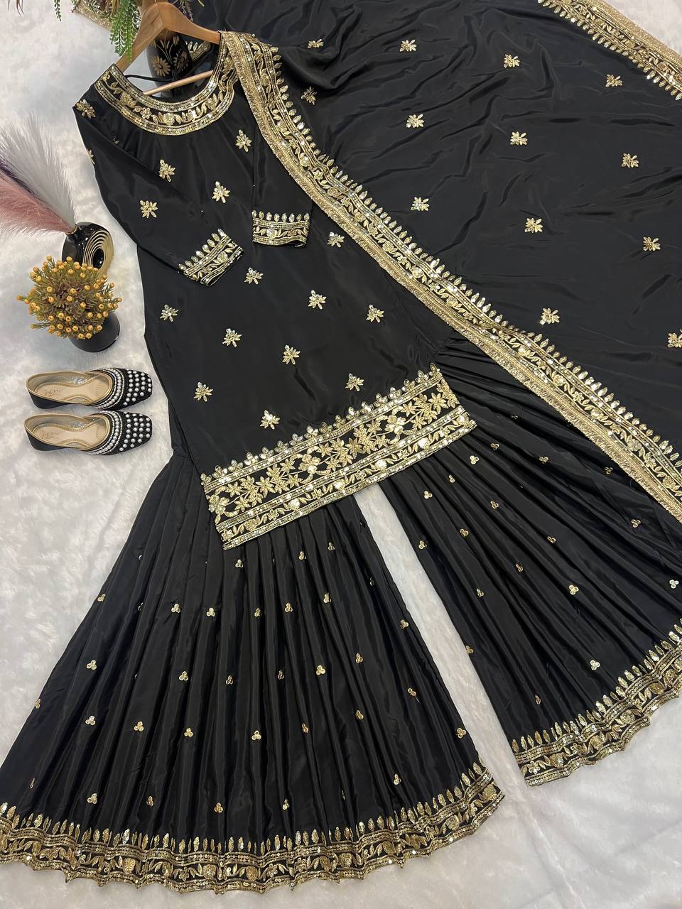 Elegant Black Color Heavy Embroidered Work Sharara Suit With Dupatta