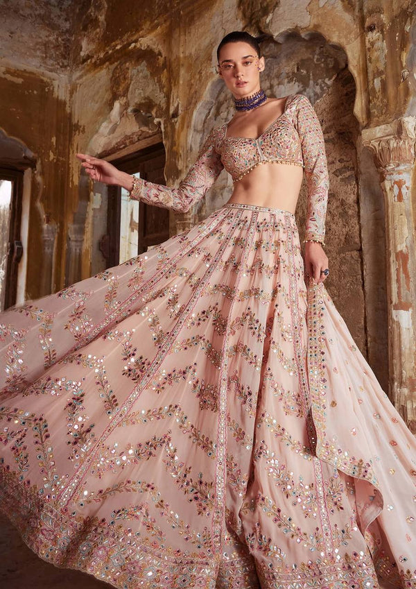 Bollywood Style Beautiful Peach Color Faux Georgette Embroidered Mirror Work Lehenga Choli For Wedding Wear