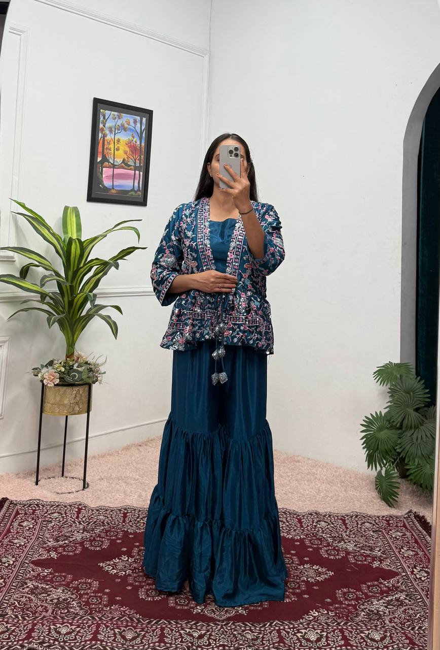 Trending Teal Green Color Chinon And Embroidery Work Koti With Palazzo Set