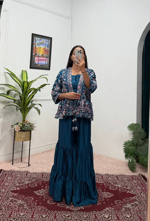 Trending Teal Green Color Chinon And Embroidery Work Koti With Palazzo Set