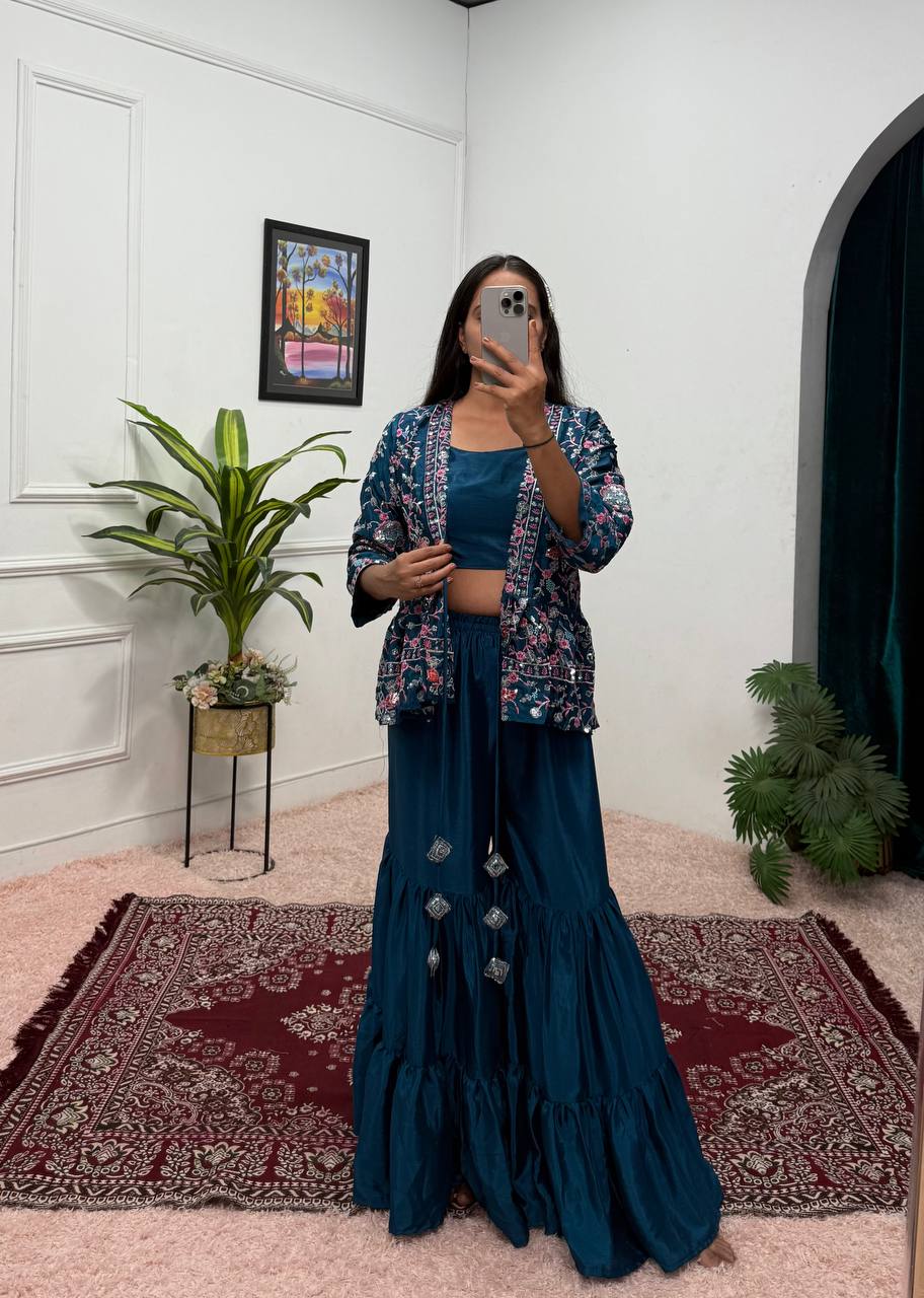 Trending Teal Green Color Chinon And Embroidery Work Koti With Palazzo Set