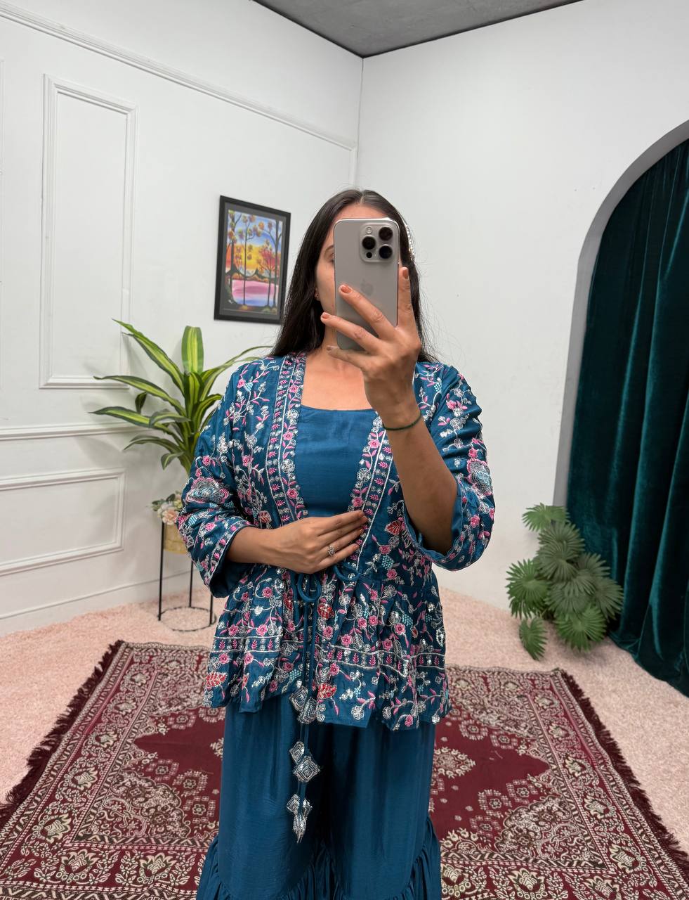 Trending Teal Green Color Chinon And Embroidery Work Koti With Palazzo Set