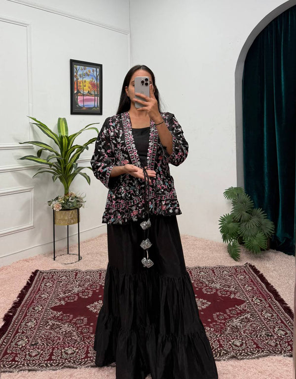 Trending Black Color Chinon And Embroidery Work Koti With Palazzo Set
