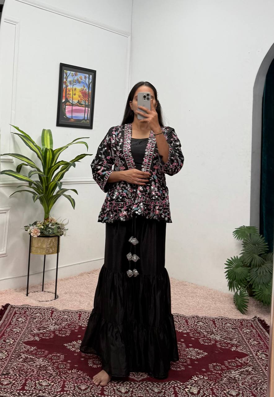 Trending Black Color Chinon And Embroidery Work Koti With Palazzo Set