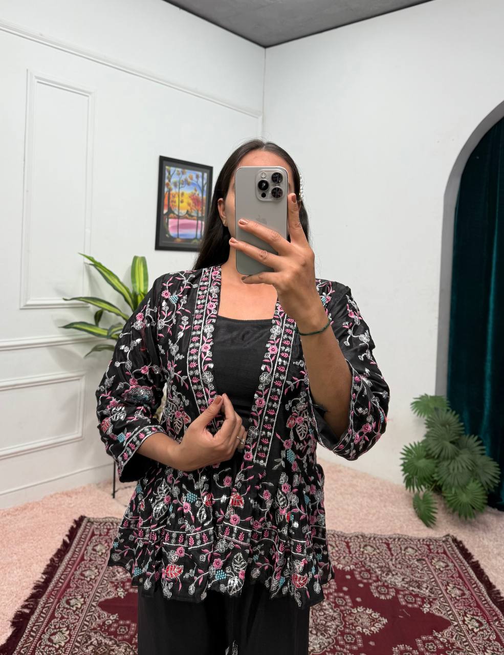 Trending Black Color Chinon And Embroidery Work Koti With Palazzo Set