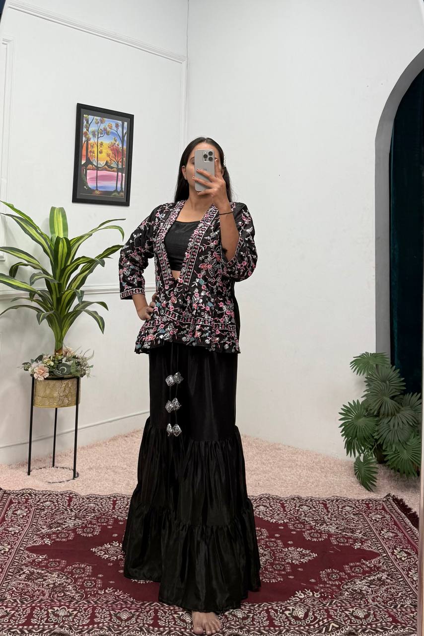 Trending Black Color Chinon And Embroidery Work Koti With Palazzo Set