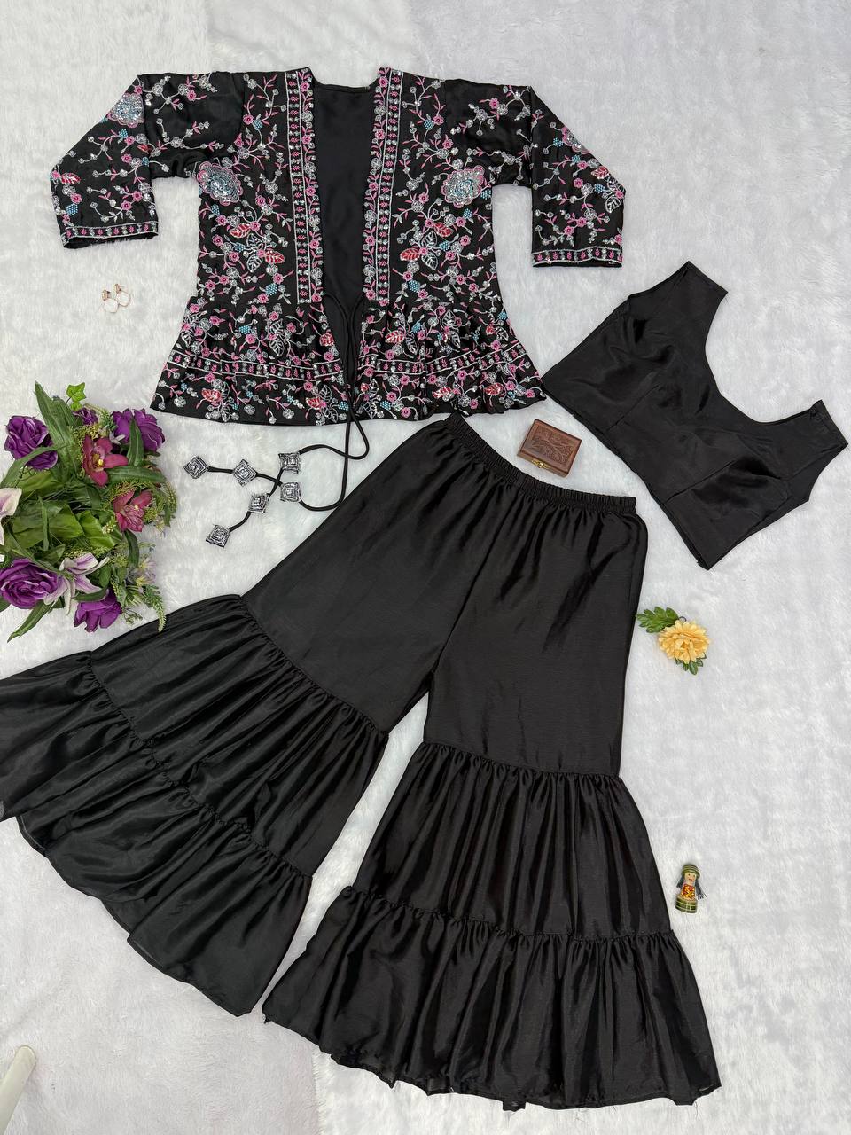 Trending Black Color Chinon And Embroidery Work Koti With Palazzo Set
