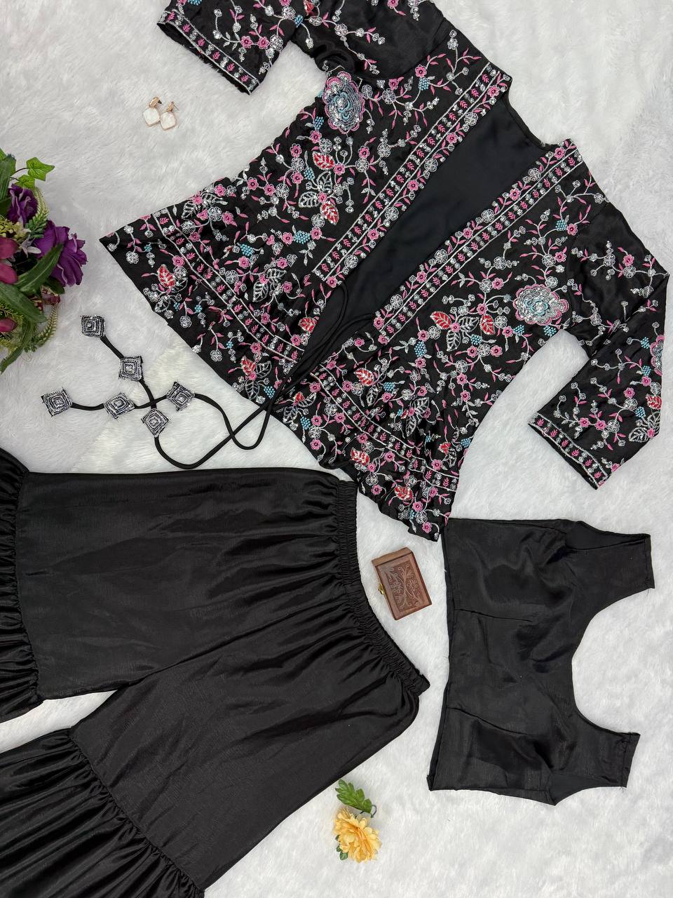 Trending Black Color Chinon And Embroidery Work Koti With Palazzo Set