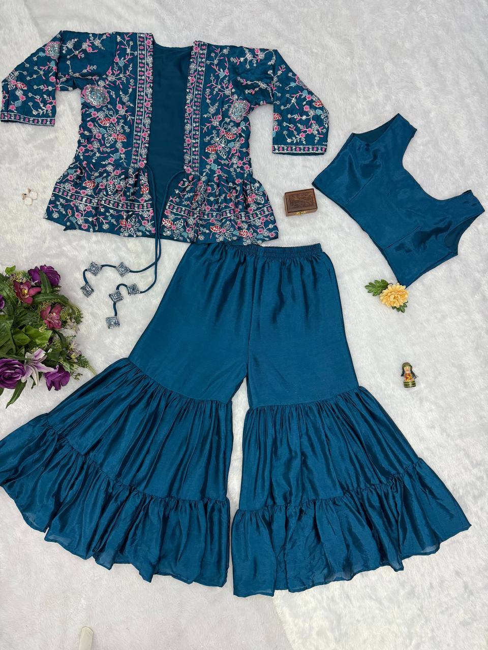 Trending Teal Green Color Chinon And Embroidery Work Koti With Palazzo Set
