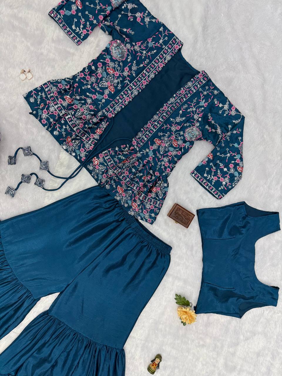 Trending Teal Green Color Chinon And Embroidery Work Koti With Palazzo Set
