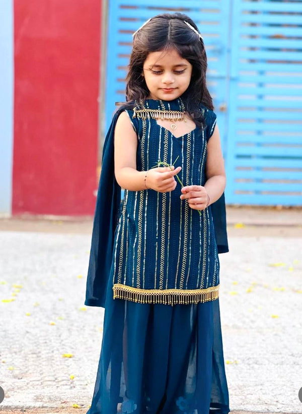 New Designer Teal Blue Color Sequins Embroidered Sharara Suit WIth Dupatta