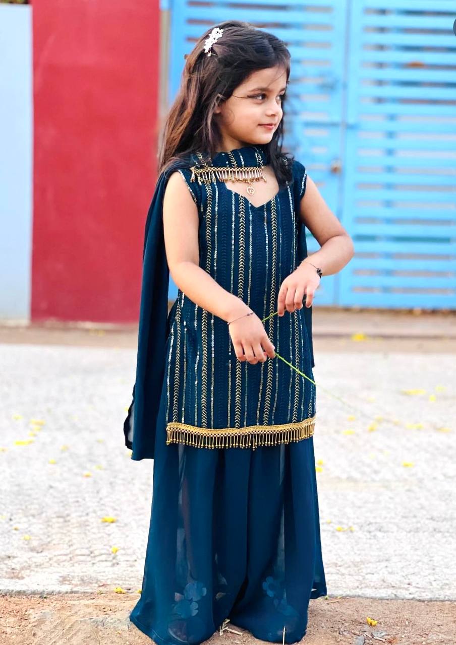 Designer Teal Blue Color Sequins Embroidered Sharara Suit WIth Dupatta