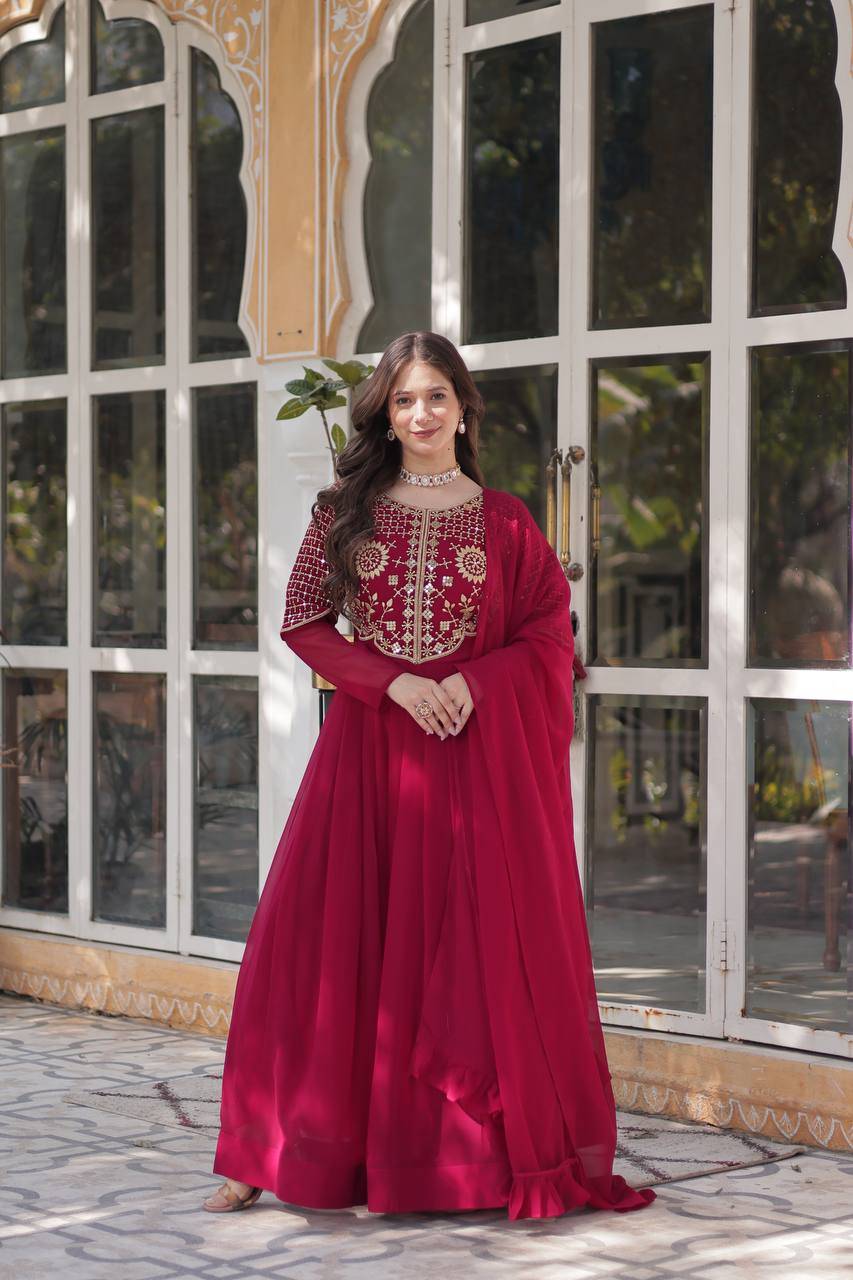 Wedding Wear Dark Pink Color Faux Blooming Georgette With Attractive  Embroidered Work Designer Gown