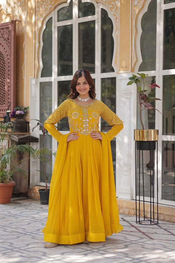 Wedding Wear Yellow Color Faux Blooming Georgette With Attractive Embroidered Work Designer Gown