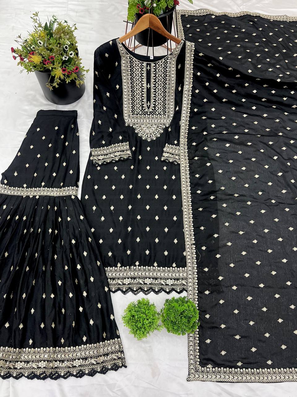 Exclusive Black Color Chinon Silk With Heavy Embroidery Sequence Work Sharara Suit